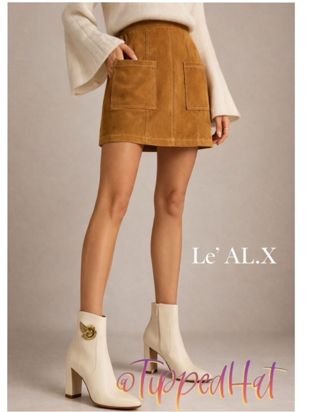 Le’ AL.X Camel Suede Pick-Stitch High Rise Mini Skirt NWT $259